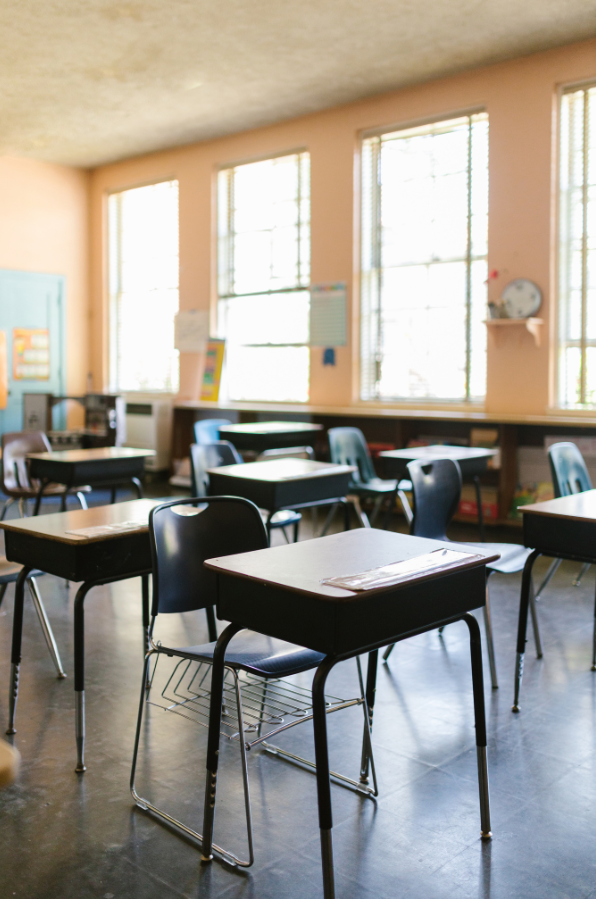 Empty desks in a classroom